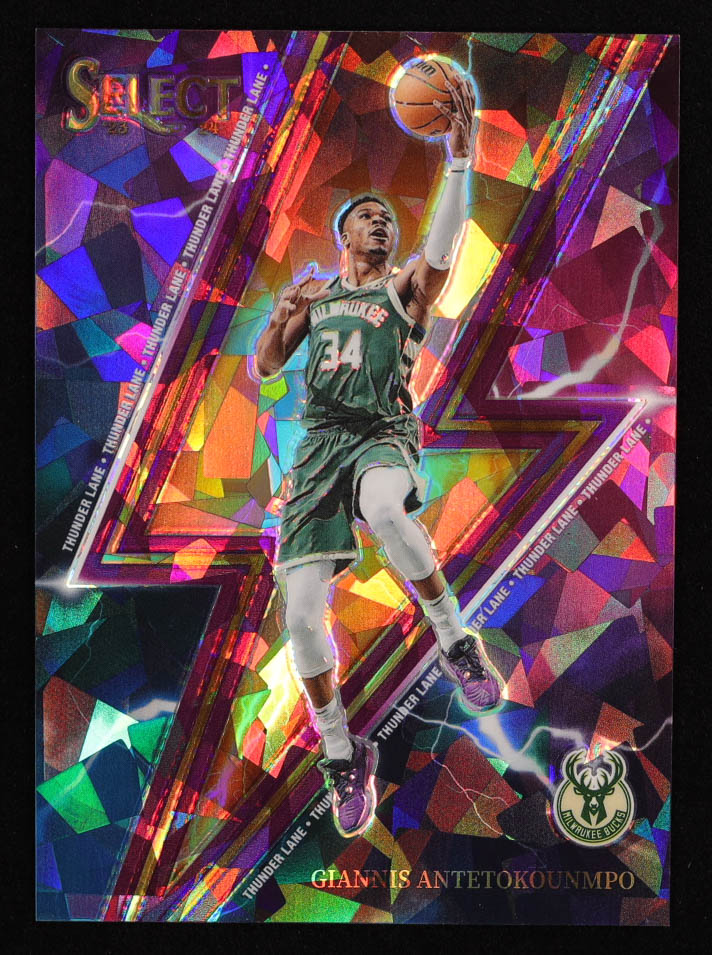 Giannis Antetokounmpo 2023-24 Select Thunder Lane Purple Cracked Ice Prizms #4 #13/75 at PristineAuction.com Giannis Antetokounmpo 2023-24 Select Thunder Lane Purple Cracked Ice Prizms #4 #13/75 at PristineAuction.com