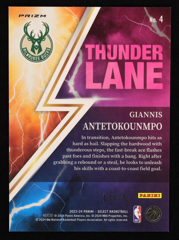 Giannis Antetokounmpo 2023-24 Select Thunder Lane Purple Cracked Ice Prizms #4 #13/75 at PristineAuction.com Giannis Antetokounmpo 2023-24 Select Thunder Lane Purple Cracked Ice Prizms #4 #13/75 at PristineAuction.com