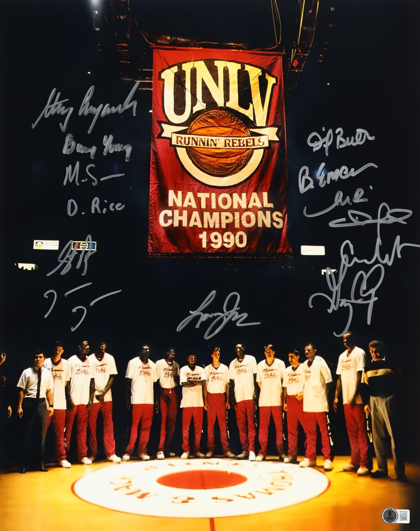 1990 University of Las Vegas Runnin' Rebels 16x20 Photo Signed By (13) With Larry Johnson, Stacey Augmon, Greg Anthony, David Rice (Beckett) at PristineAuction.com 1990 University of Las Vegas Runnin' Rebels 16x20 Photo Signed By (13) With Larry Johnson, Stacey Augmon, Greg Anthony, David Rice (Beckett) at PristineAuction.com