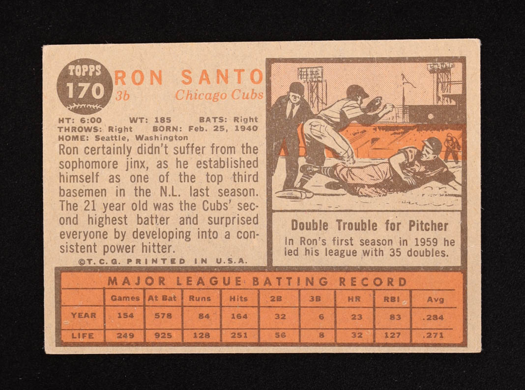 Ron Santo 1962 Topps #170 at PristineAuction.com Ron Santo 1962 Topps #170 at PristineAuction.com