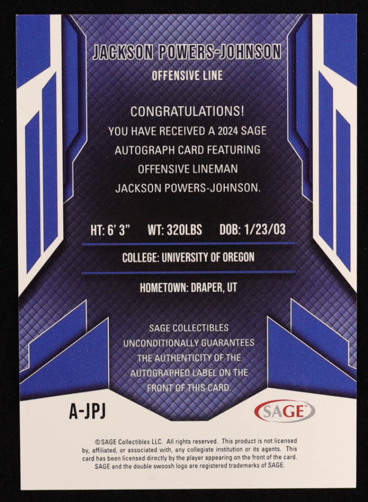Jackson Powers-Johnson 2024 SAGE HIT Autographs Red #AJPJ RC | Pristine ...