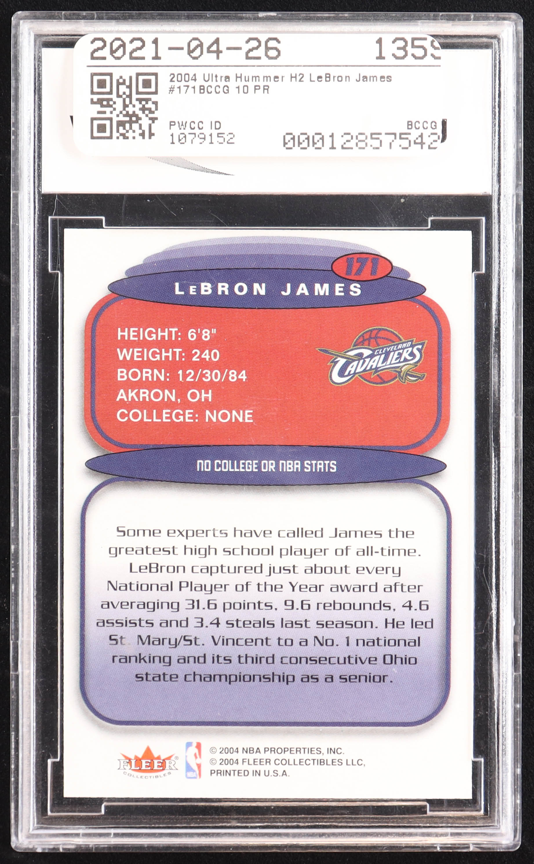 LeBron James 2004 Ultra Hummer H2 #171 (BCCG 10) at PristineAuction.com LeBron James 2004 Ultra Hummer H2 #171 (BCCG 10) at PristineAuction.com