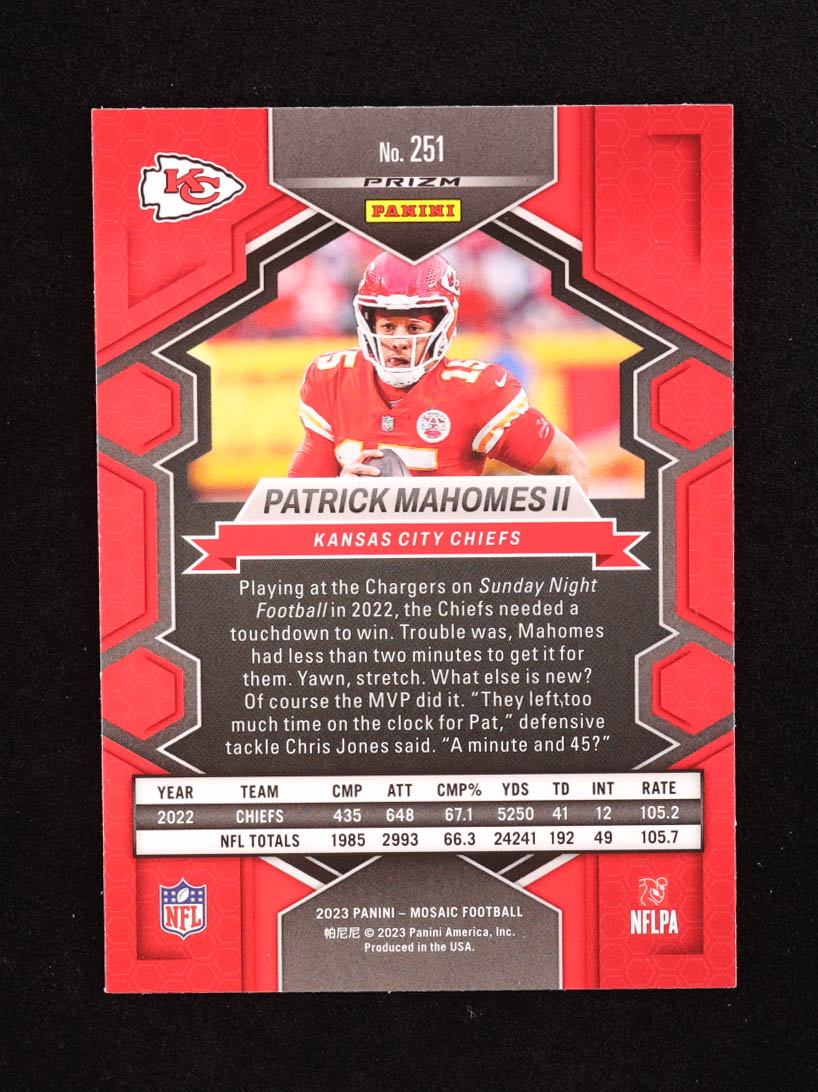 Patrick Mahomes II 2023 Panini Mosaic Mosaic Reactive Yellow #251 NP at PristineAuction.com Patrick Mahomes II 2023 Panini Mosaic Mosaic Reactive Yellow #251 NP at PristineAuction.com