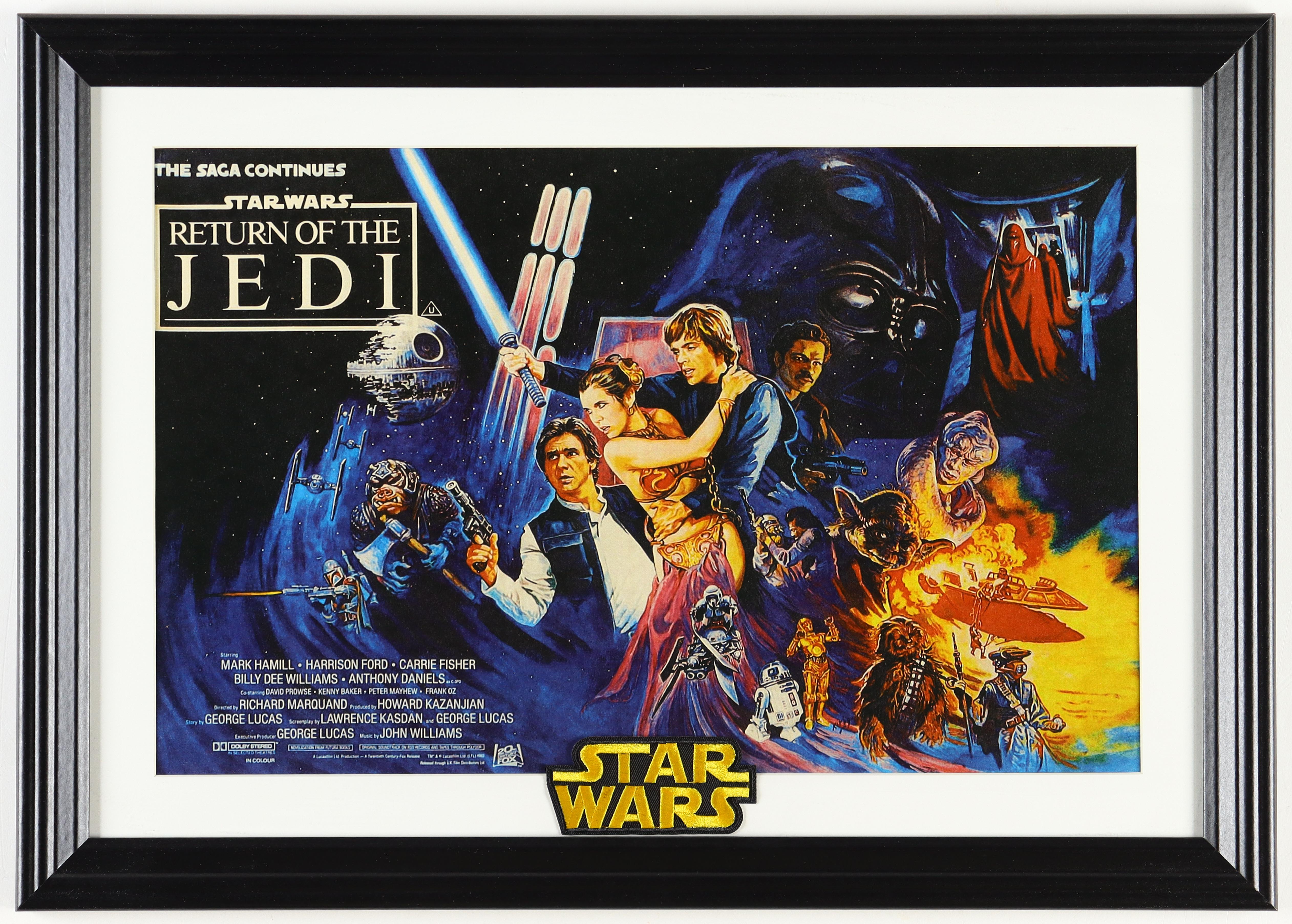 1983 "Star Wars: Return of the Jedi" Custom Framed Print Display with "Star Wars" Cloth Logo Patch at PristineAuction.com 1983 "Star Wars: Return of the Jedi" Custom Framed Print Display with "Star Wars" Cloth Logo Patch at PristineAuction.com