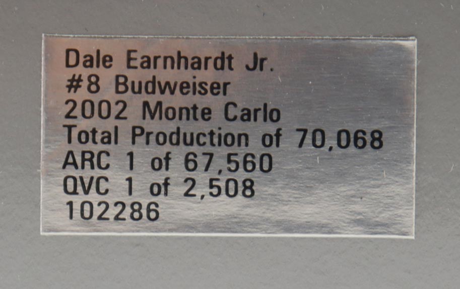 Dale Earnhardt Jr. Signed NASCAR #8 Budweiser 2002 Monte Carlo - 1:24 Premium Diecast Car (Dale Jr.) at PristineAuction.com Dale Earnhardt Jr. Signed NASCAR #8 Budweiser 2002 Monte Carlo - 1:24 Premium Diecast Car (Dale Jr.) at PristineAuction.com