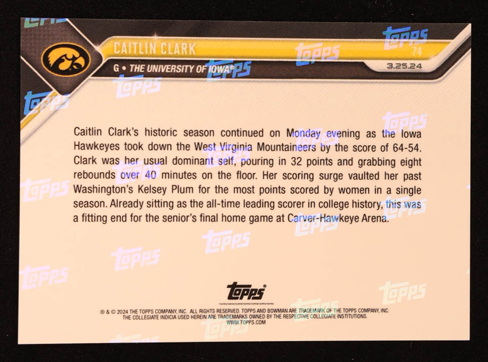 Caitlin Clark 2023-24 Bowman University Now #74 RC at PristineAuction.com Caitlin Clark 2023-24 Bowman University Now #74 RC at PristineAuction.com