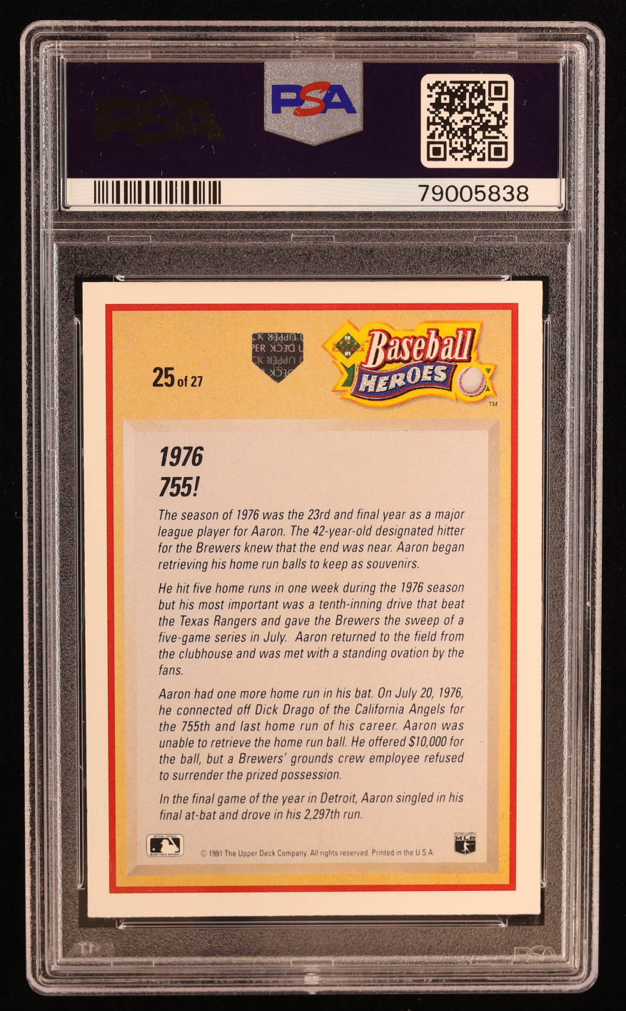 Hank Aaron 1991 Upper Deck Aaron Heroes #25 (PSA 10) at PristineAuction.com Hank Aaron 1991 Upper Deck Aaron Heroes #25 (PSA 10) at PristineAuction.com