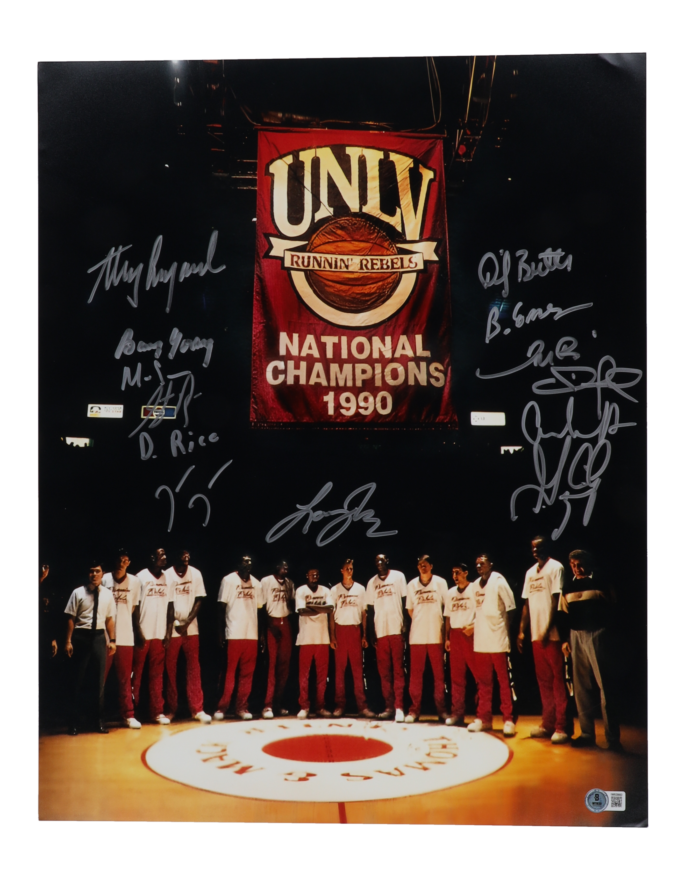 1990 University of Las Vegas Runnin' Rebels 16x20 Photo Signed By (13) With Larry Johnson, Stacey Augmon, Greg Anthony, David Rice (Beckett) at PristineAuction.com 1990 University of Las Vegas Runnin' Rebels 16x20 Photo Signed By (13) With Larry Johnson, Stacey Augmon, Greg Anthony, David Rice (Beckett) at PristineAuction.com