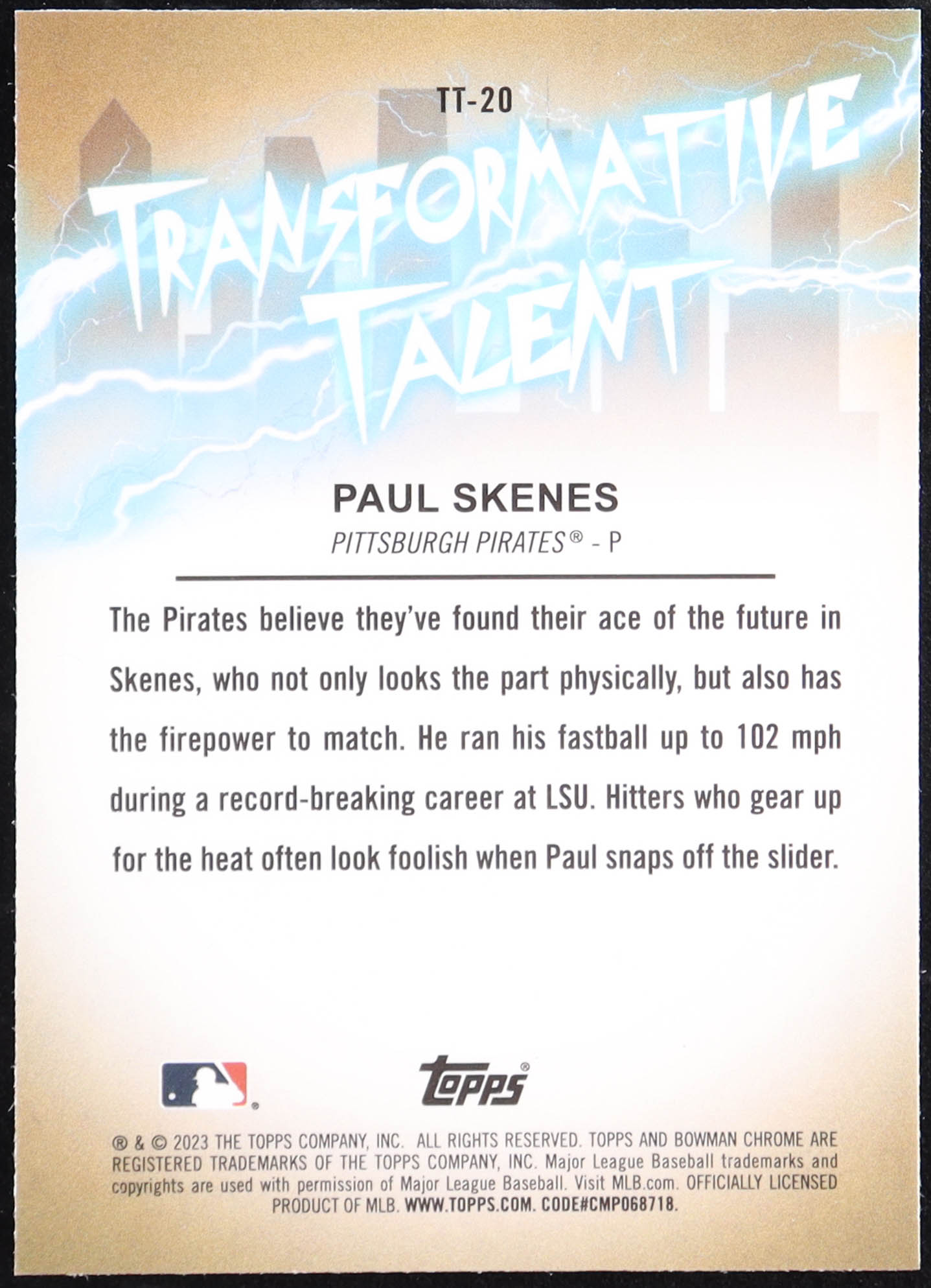 Paul Skenes 2023 Bowman Chrome Draft Transformative Talent #TT20 RC at PristineAuction.com Paul Skenes 2023 Bowman Chrome Draft Transformative Talent #TT20 RC at PristineAuction.com