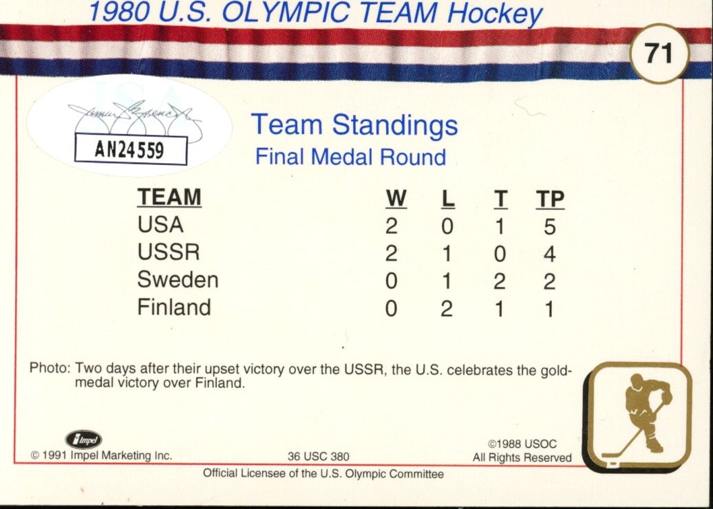 Mike Eruzione Signed 1991 Impel U.S. Olympic Hall of Fame #69 (JSA) at PristineAuction.com Mike Eruzione Signed 1991 Impel U.S. Olympic Hall of Fame #69 (JSA) at PristineAuction.com