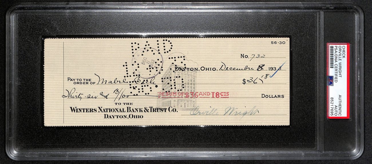 Orville Wright Signed 1933 Personal Bank Check (PSA) at PristineAuction.com Orville Wright Signed 1933 Personal Bank Check (PSA) at PristineAuction.com