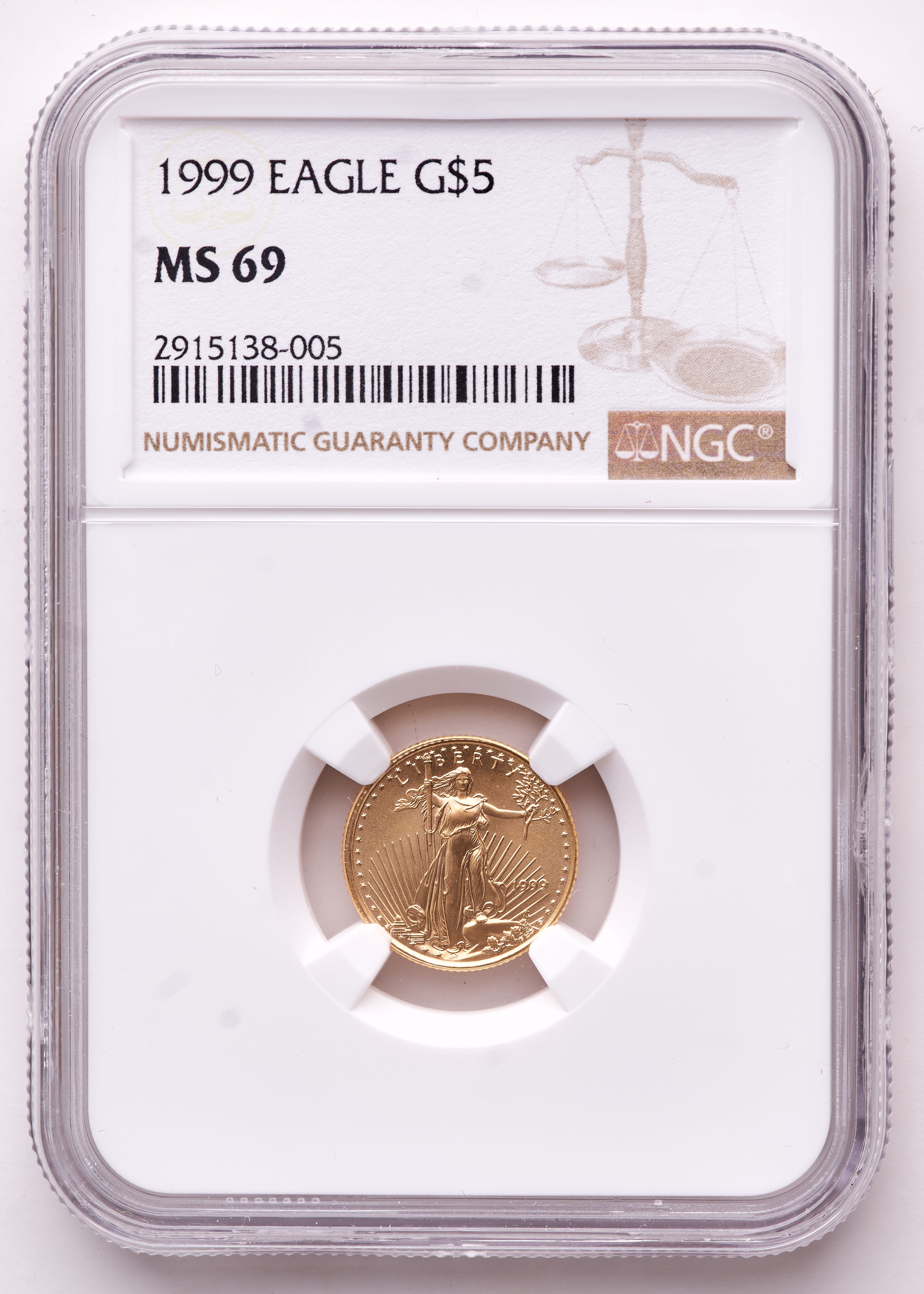 1999 American Gold Eagle 1/10oz .999 Fine Gold $5 Coin (NGC MS69) at PristineAuction.com 1999 American Gold Eagle 1/10oz .999 Fine Gold $5 Coin (NGC MS69) at PristineAuction.com