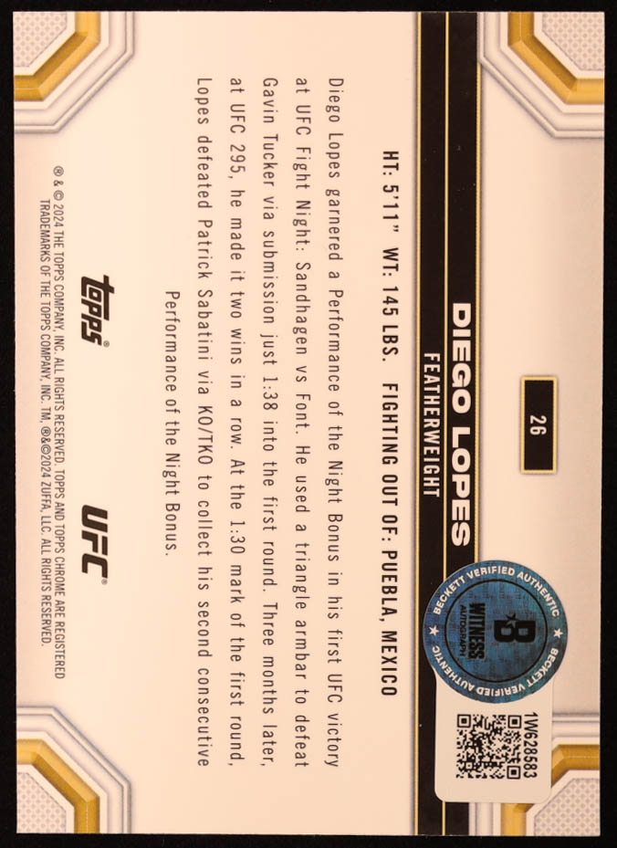 Diego Lopes Signed 2024 Topps Chrome UFC #26 RC (Beckett) at PristineAuction.com Diego Lopes Signed 2024 Topps Chrome UFC #26 RC (Beckett) at PristineAuction.com