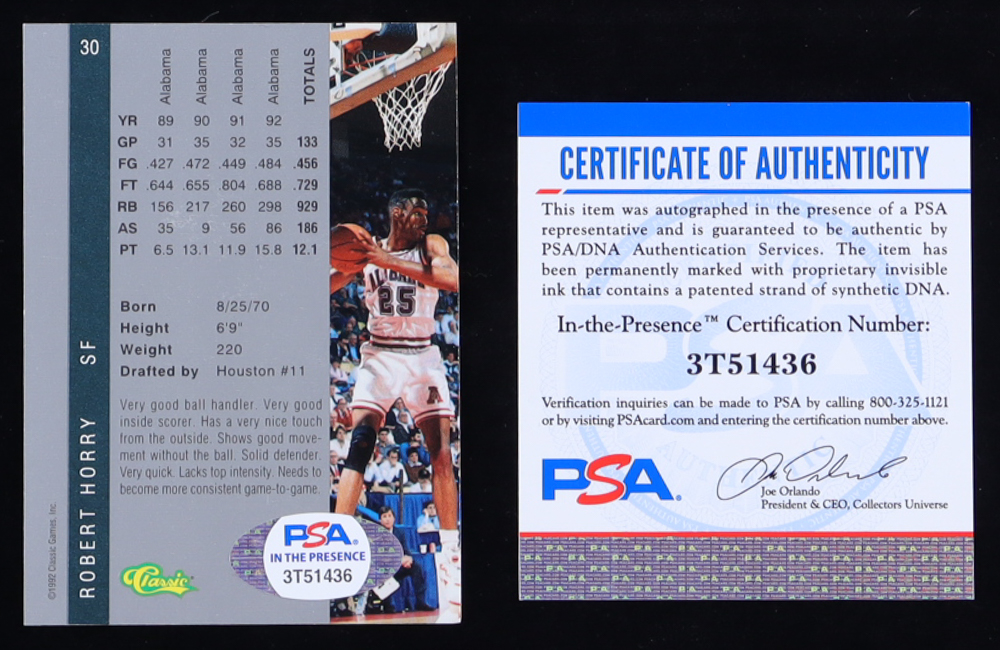 Robert Horry Signed 1992 Classic Four Sport #30 RC (PSA) at PristineAuction.com Robert Horry Signed 1992 Classic Four Sport #30 RC (PSA) at PristineAuction.com