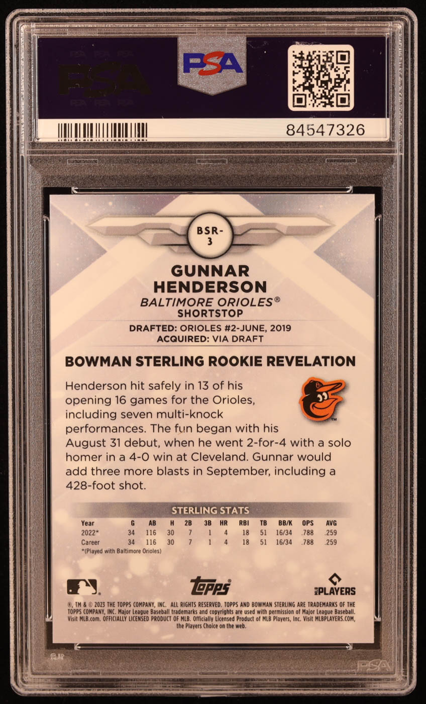 Gunnar Henderson 2023 Bowman Sterling Rookies #BSR3 RC (PSA 10) at PristineAuction.com Gunnar Henderson 2023 Bowman Sterling Rookies #BSR3 RC (PSA 10) at PristineAuction.com