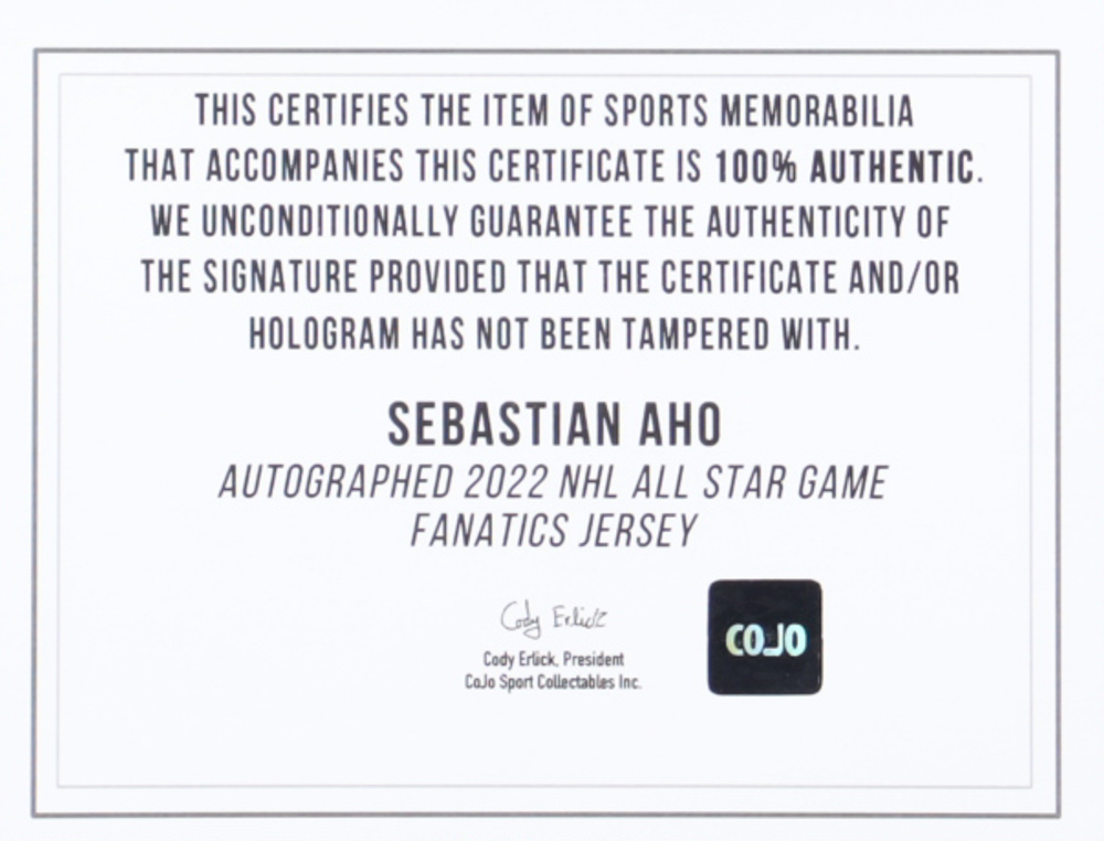 Sebastian Aho Signed 2022 All-Star Game Jersey (COJO) at PristineAuction.com Sebastian Aho Signed 2022 All-Star Game Jersey (COJO) at PristineAuction.com