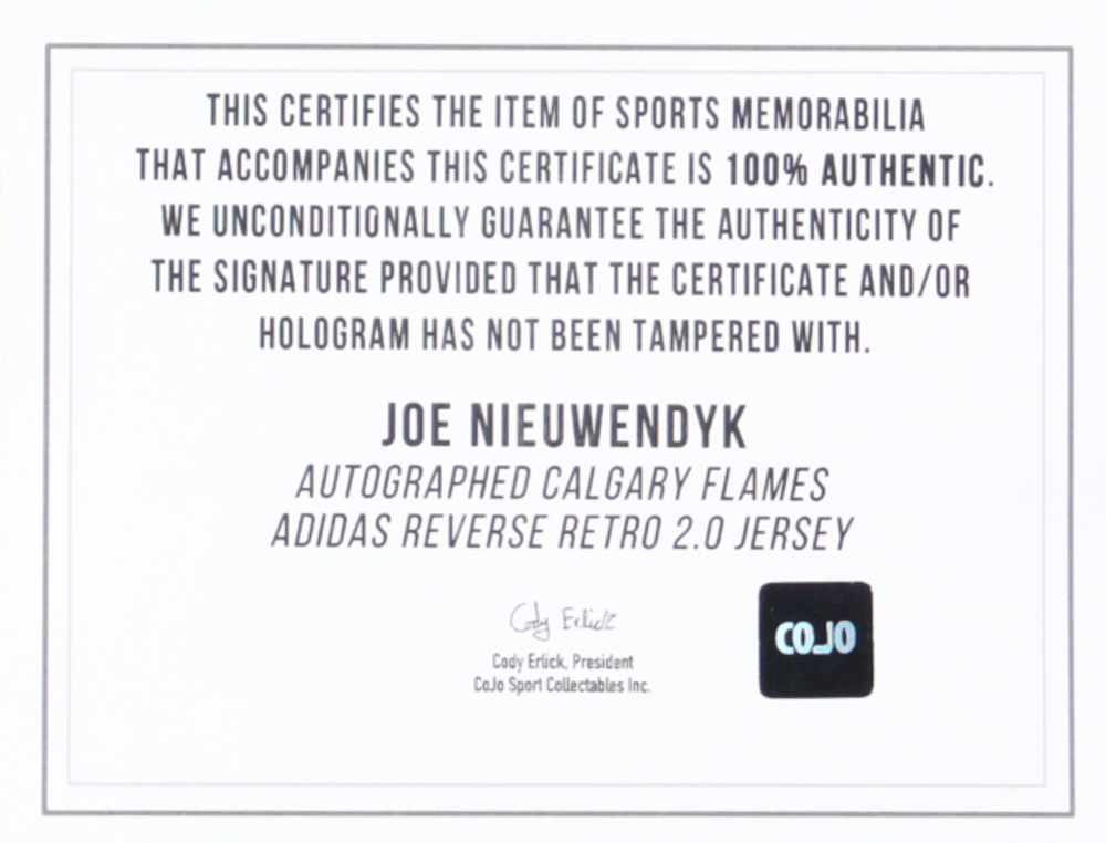 Joe Nieuwendyk Signed Flames Captain Jersey Inscribed "HOF 11" (COJO) at PristineAuction.com Joe Nieuwendyk Signed Flames Captain Jersey Inscribed "HOF 11" (COJO) at PristineAuction.com