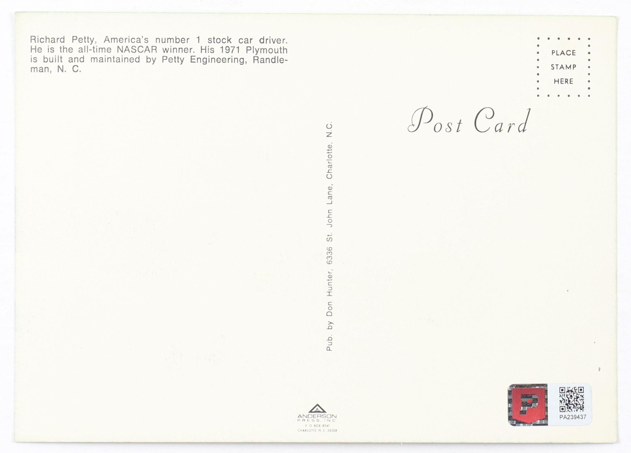 Richard Petty Signed Original 1971 Plymouth Road Runner Post Card | Owned by Richard Petty at PristineAuction.com Richard Petty Signed Original 1971 Plymouth Road Runner Post Card | Owned by Richard Petty at PristineAuction.com