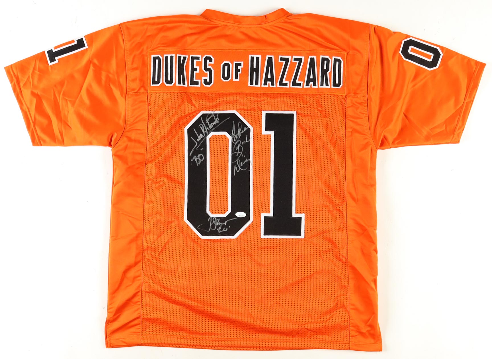 John Schneider, Catherine Bach & Tom Wopat Signed "The Dukes of Hazzard" Jersey Inscribed "Bo", "Daisy" & "Luke" (JSA) at PristineAuction.com John Schneider, Catherine Bach & Tom Wopat Signed "The Dukes of Hazzard" Jersey Inscribed "Bo", "Daisy" & "Luke" (JSA) at PristineAuction.com