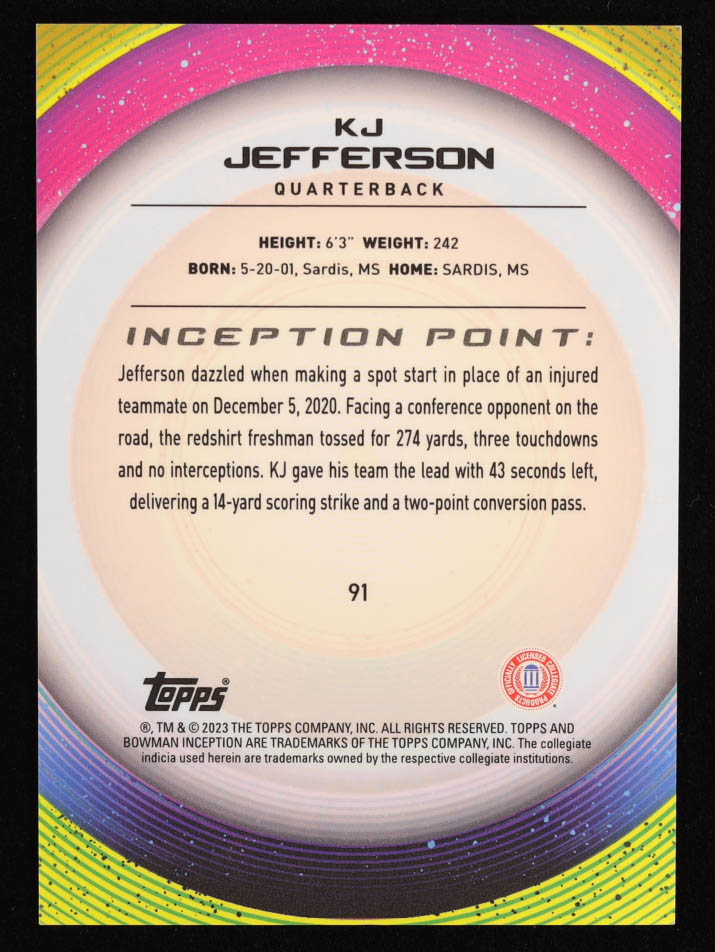 KJ Jefferson 2022-23 Bowman Inception University #91 RC at PristineAuction.com KJ Jefferson 2022-23 Bowman Inception University #91 RC at PristineAuction.com