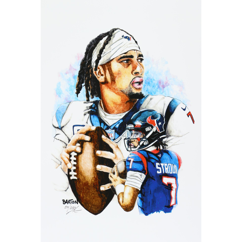 "C. J. Stroud" Texans LE 12x18 Lithograph by Brian Barton #/250 (PA) at PristineAuction.com "C. J. Stroud" Texans LE 12x18 Lithograph by Brian Barton #/250 (PA) at PristineAuction.com