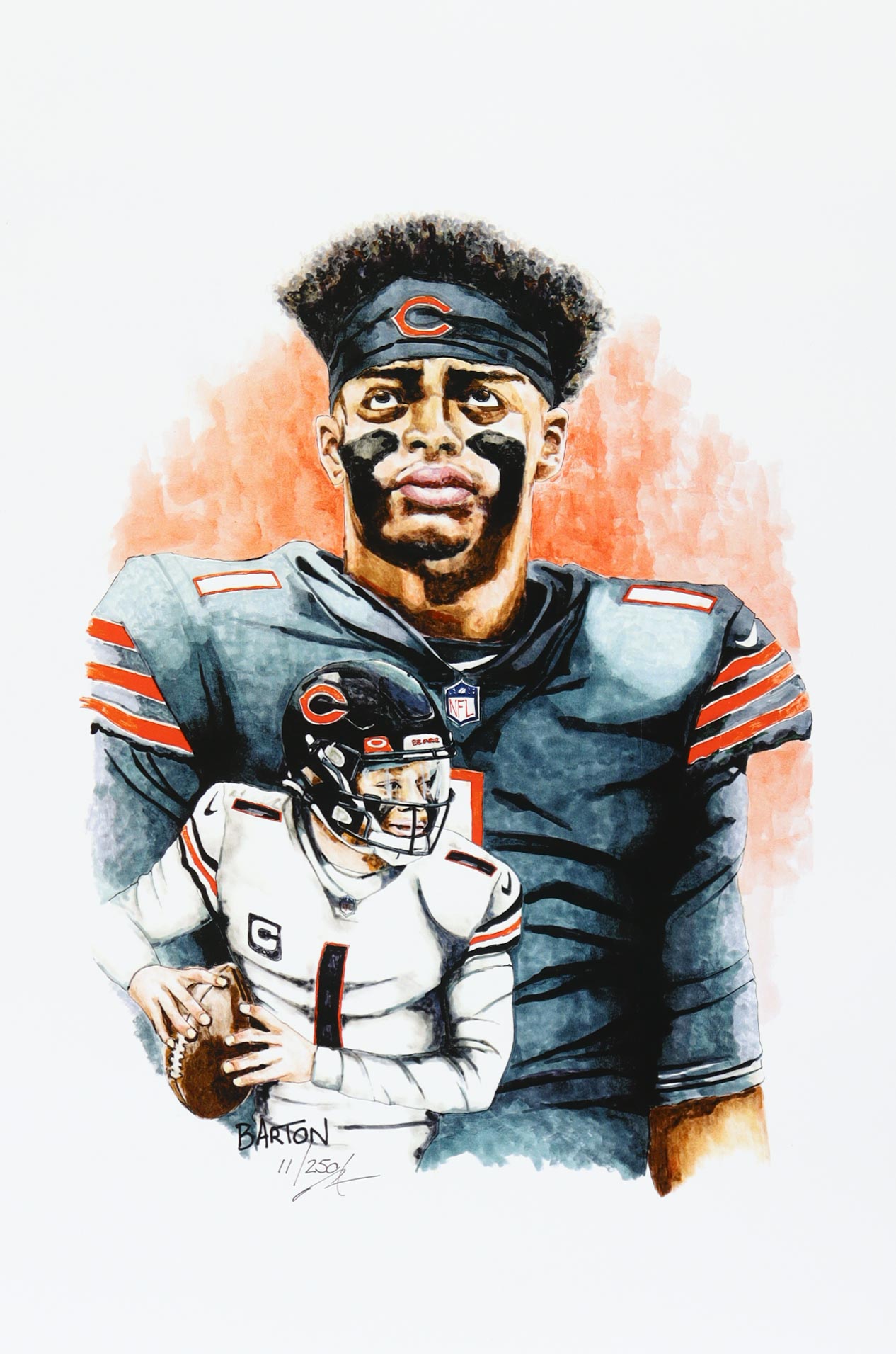 "Justin Fields" Bears LE 12x18 Lithograph by Brian Barton #/250 (PA) at PristineAuction.com "Justin Fields" Bears LE 12x18 Lithograph by Brian Barton #/250 (PA) at PristineAuction.com