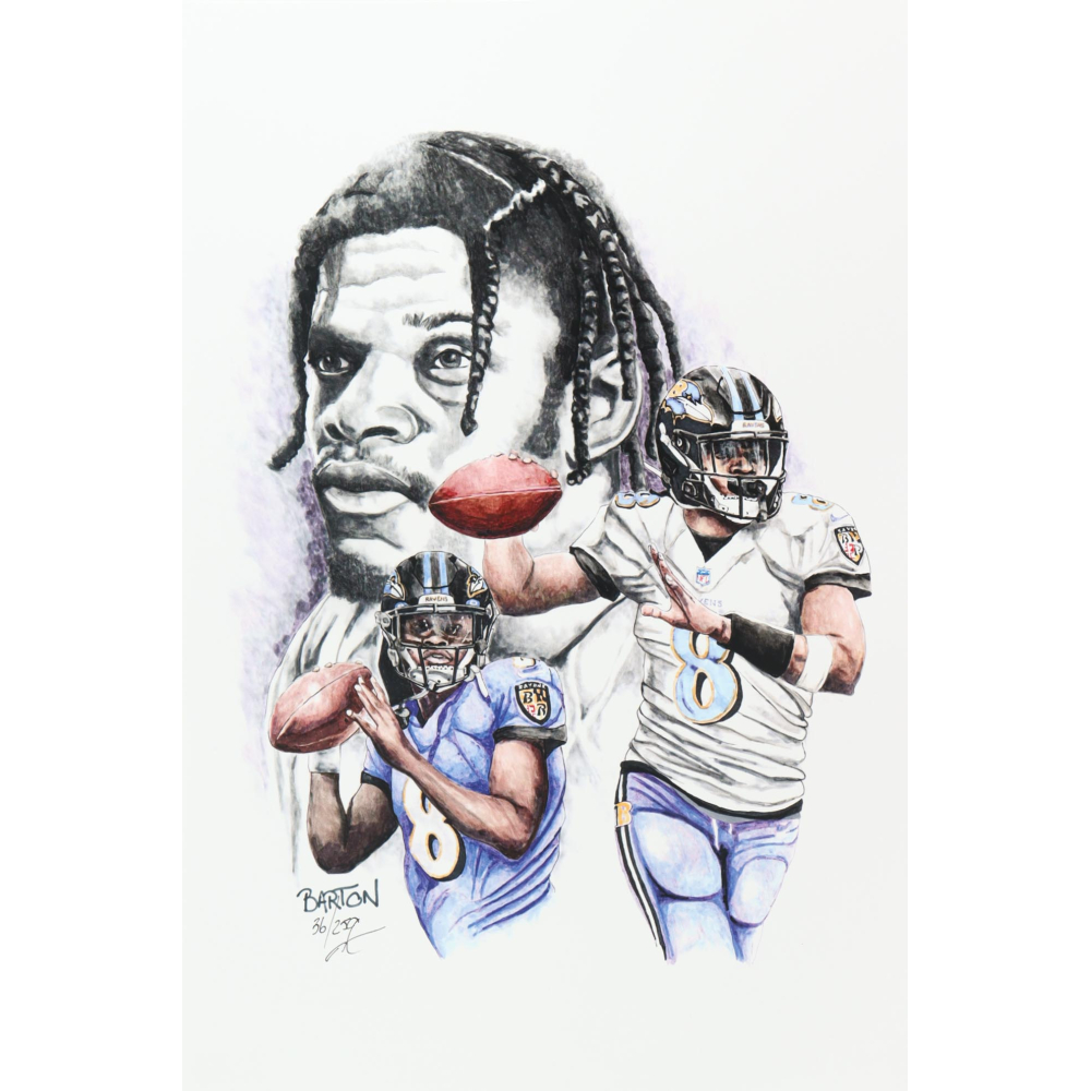 "Lamar Jackson" Ravens LE 12x18 Lithograph By Brian Barton #/250 (PA) at PristineAuction.com