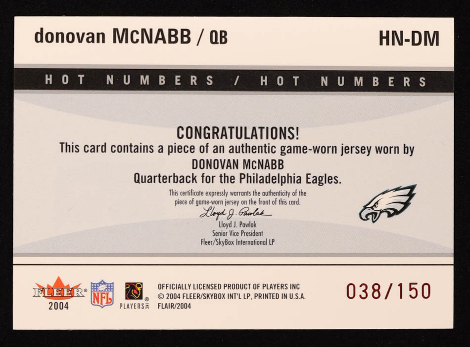 Donovan McNabb 2004 Flair Hot Numbers Game Used Red #HNDM #038/150 at PristineAuction.com Donovan McNabb 2004 Flair Hot Numbers Game Used Red #HNDM #038/150 at PristineAuction.com