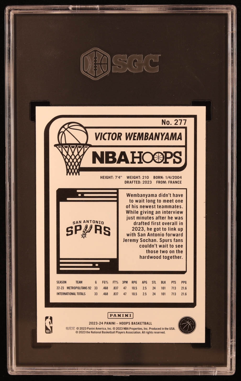 Victor Wembanyama 2023-24 Hoops #277 RC (SGC 9.5) at PristineAuction.com Victor Wembanyama 2023-24 Hoops #277 RC (SGC 9.5) at PristineAuction.com