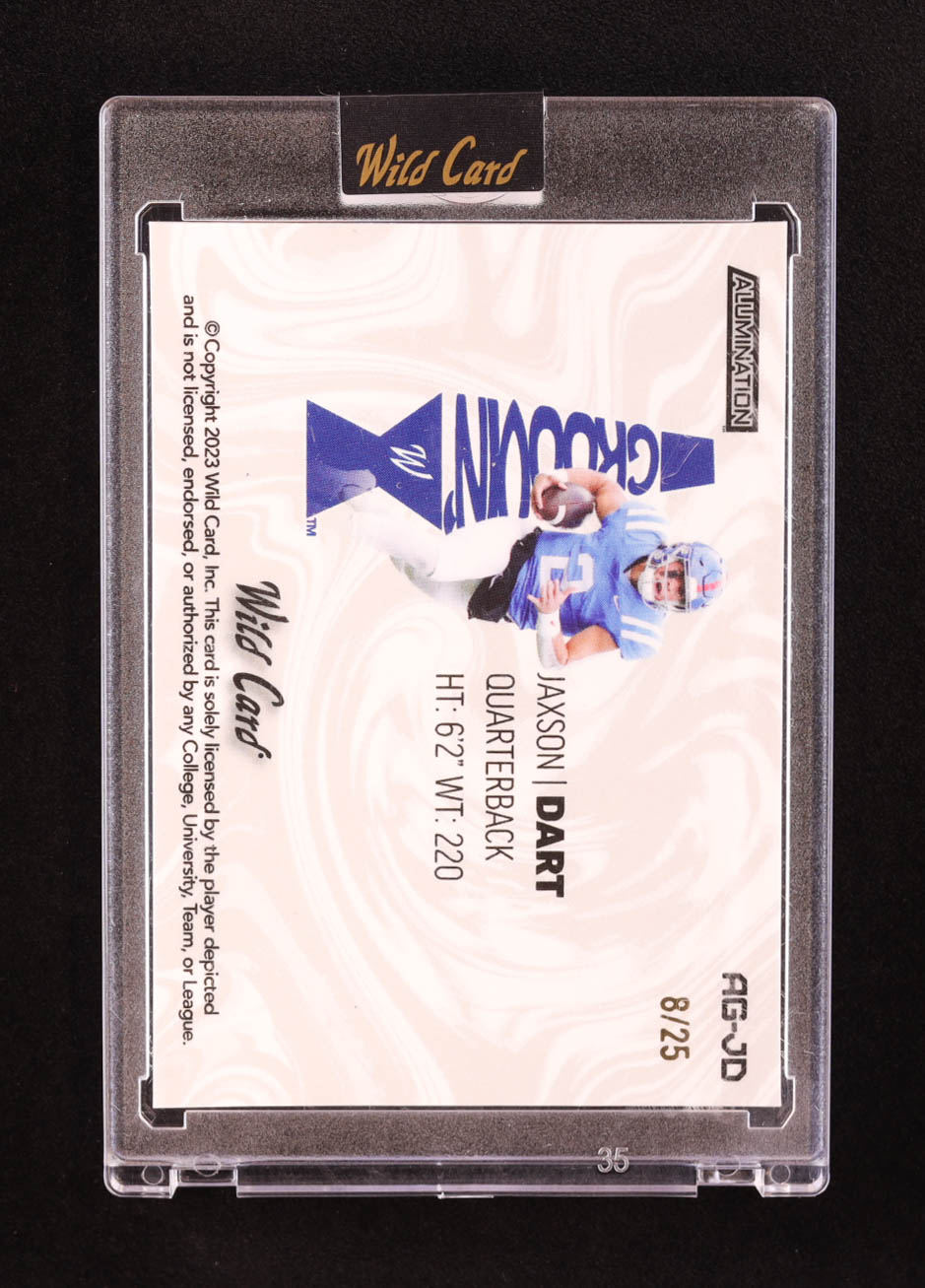 Jaxson Dart 2023 Wild Card Alumination Groovin' Orange Scope #AGJD RC #8 / 25 at PristineAuction.com Jaxson Dart 2023 Wild Card Alumination Groovin' Orange Scope #AGJD RC #8 / 25 at PristineAuction.com