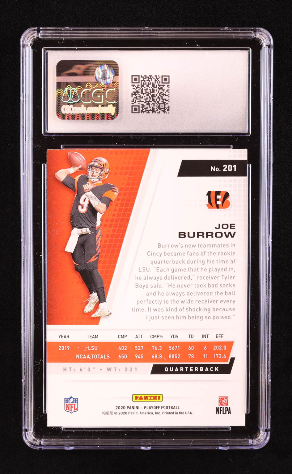 CARTE RECRUE 2020 Select Joe Burrow Concourse argent Prizm RC #46 PSA
