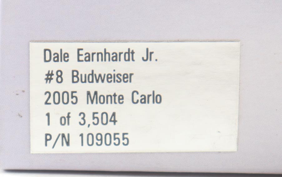 Dale Earnhardt Jr. Signed NASCAR #8 Budweiser 2005 Monte Carlo - 1:24 Premium Diecast Car (Dale Jr.) at PristineAuction.com Dale Earnhardt Jr. Signed NASCAR #8 Budweiser 2005 Monte Carlo - 1:24 Premium Diecast Car (Dale Jr.) at PristineAuction.com
