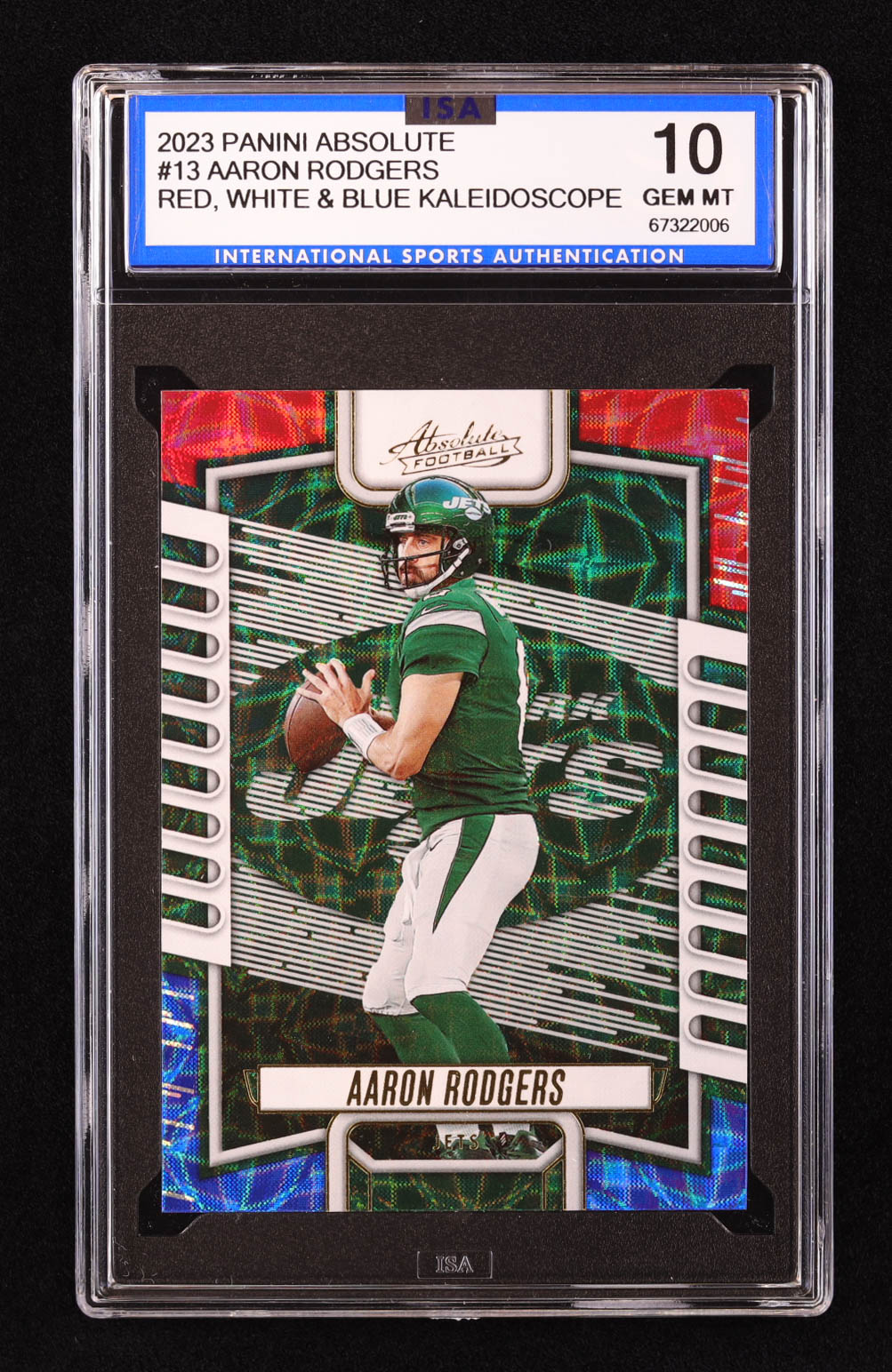 Aaron Rodgers 2023 Panini Absolute Red, White & Blue Kaleidoscope #13 (ISA 10) at PristineAuction.com Aaron Rodgers 2023 Panini Absolute Red, White & Blue Kaleidoscope #13 (ISA 10) at PristineAuction.com