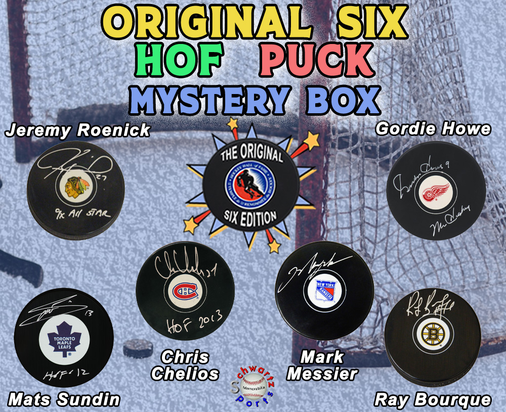 Hockey HALL OF FAMER Signed Logo Hockey Puck Mystery Box - ORIGINAL SIX EDITION - Series 5 (Limited to 100) - Schwartz Sports at PristineAuction.com Hockey HALL OF FAMER Signed Logo Hockey Puck Mystery Box - ORIGINAL SIX EDITION - Series 5 (Limited to 100) - Schwartz Sports at PristineAuction.com