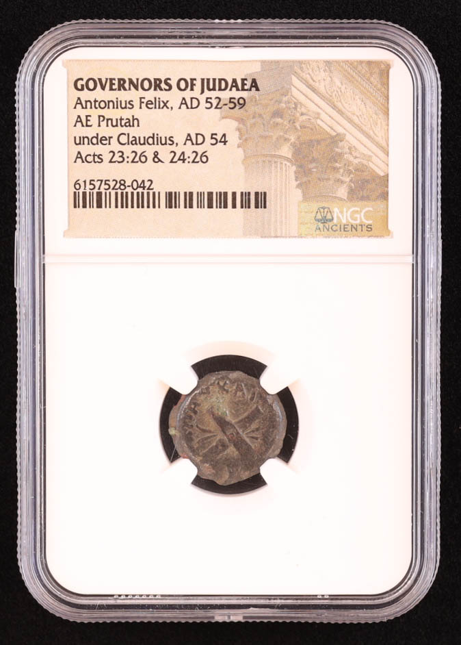 Antonius Felix (AD 52-59) Governors of Judaea Under Claudius AD 54 AE Prutah Ancient Biblical Coin (NGC) at PristineAuction.com Antonius Felix (AD 52-59) Governors of Judaea Under Claudius AD 54 AE Prutah Ancient Biblical Coin (NGC) at PristineAuction.com