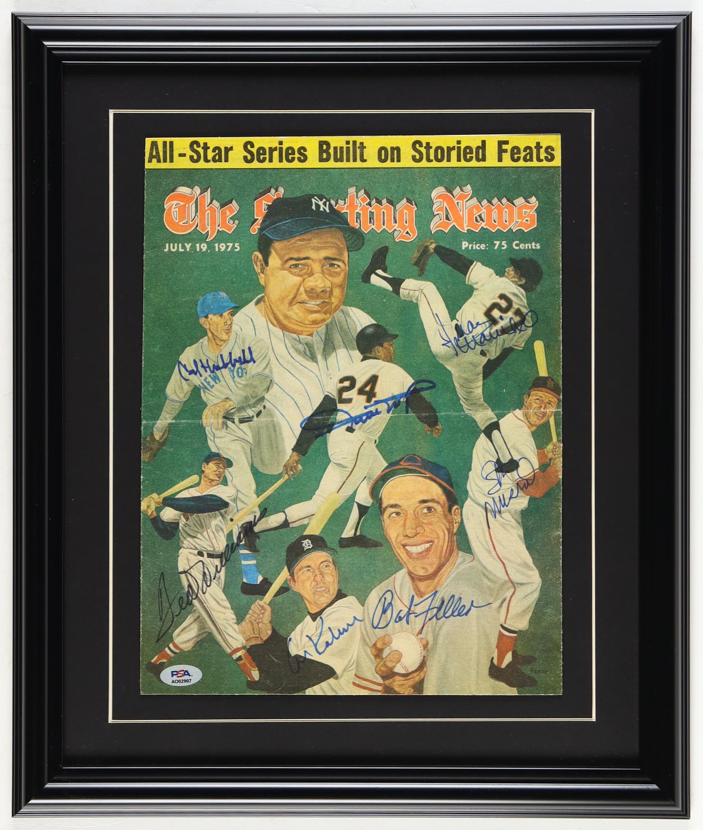 1975 "The Sporting News" Custom Framed Newspaper Signed By (7) With Willie Mays, Stan Musial, Ted Williams, Bob Feller (PSA) at PristineAuction.com 1975 "The Sporting News" Custom Framed Newspaper Signed By (7) With Willie Mays, Stan Musial, Ted Williams, Bob Feller (PSA) at PristineAuction.com
