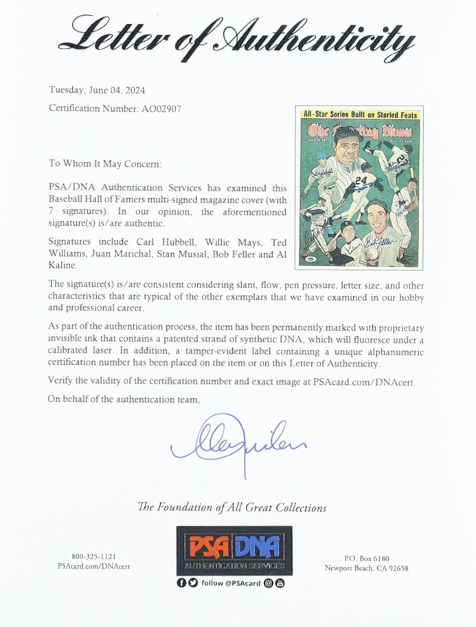 1975 "The Sporting News" Custom Framed Newspaper Signed By (7) With Willie Mays, Stan Musial, Ted Williams, Bob Feller (PSA) at PristineAuction.com 1975 "The Sporting News" Custom Framed Newspaper Signed By (7) With Willie Mays, Stan Musial, Ted Williams, Bob Feller (PSA) at PristineAuction.com