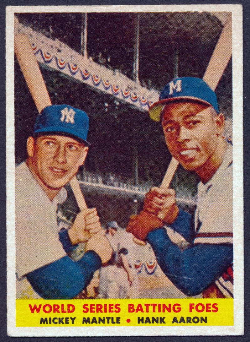 Mickey Mantle / Hank Aaron 1958 Topps #418 World Series Batting Foes at PristineAuction.com Mickey Mantle / Hank Aaron 1958 Topps #418 World Series Batting Foes at PristineAuction.com