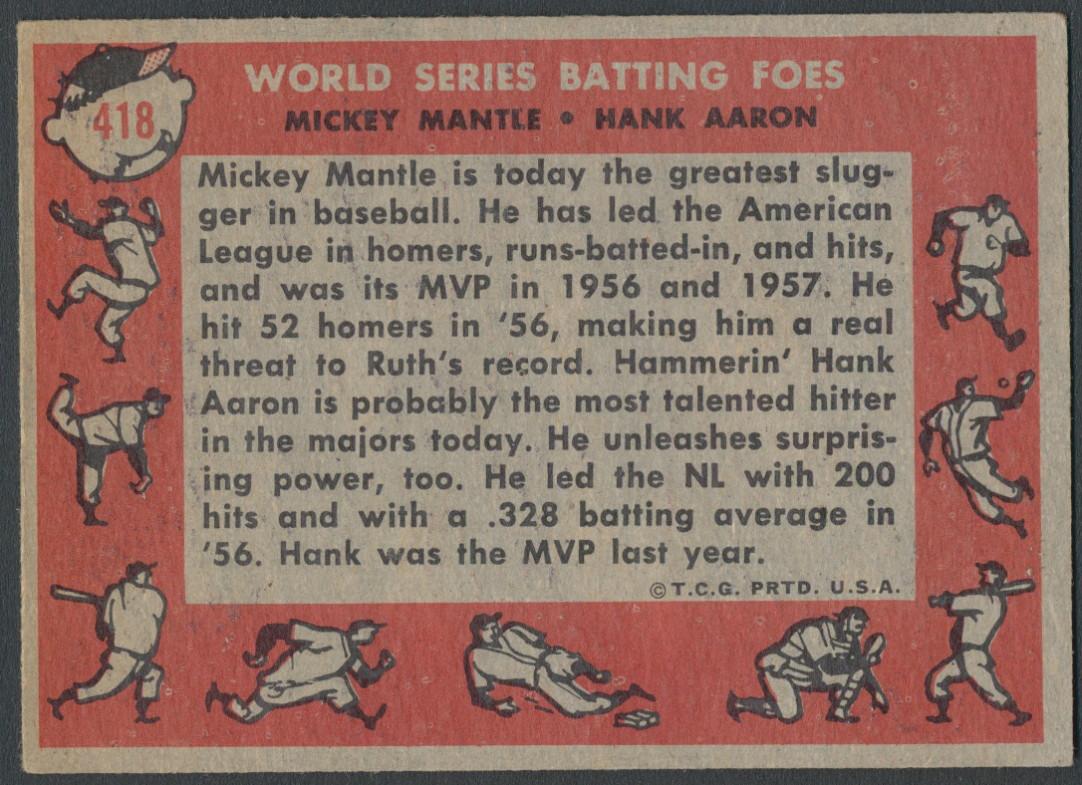 Mickey Mantle / Hank Aaron 1958 Topps #418 World Series Batting Foes at PristineAuction.com Mickey Mantle / Hank Aaron 1958 Topps #418 World Series Batting Foes at PristineAuction.com