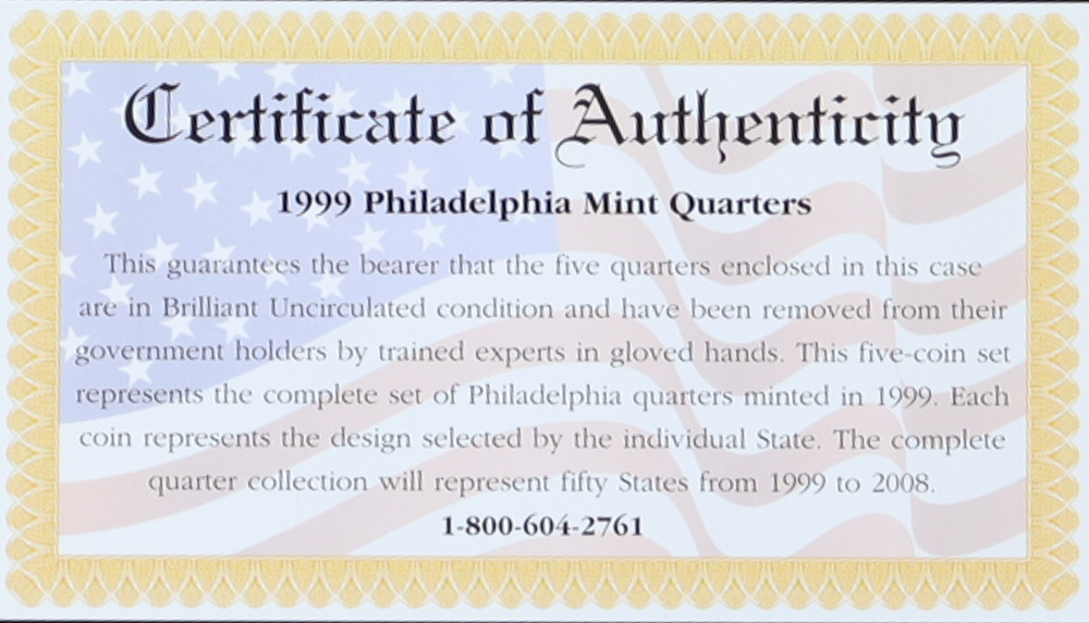 1999 Philadelphia Mint 50 State Quarters Proof Set with (5) Coins at PristineAuction.com 1999 Philadelphia Mint 50 State Quarters Proof Set with (5) Coins at PristineAuction.com