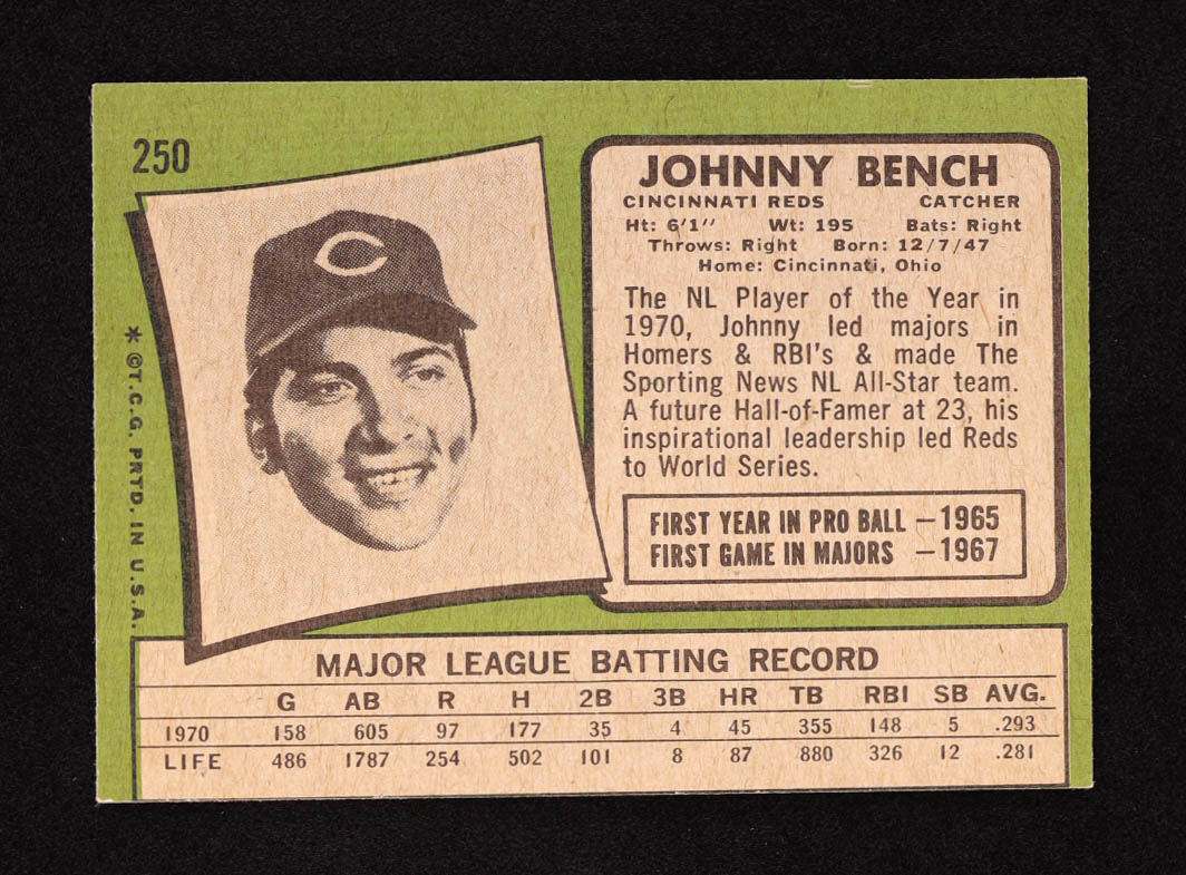 Johnny Bench 1971 Topps #250 at PristineAuction.com Johnny Bench 1971 Topps #250 at PristineAuction.com