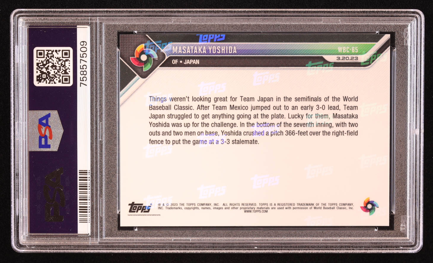 Masataka Yoshida 2023 Topps Now World Baseball Classic #WBC65 RC (PSA 10) at PristineAuction.com Masataka Yoshida 2023 Topps Now World Baseball Classic #WBC65 RC (PSA 10) at PristineAuction.com