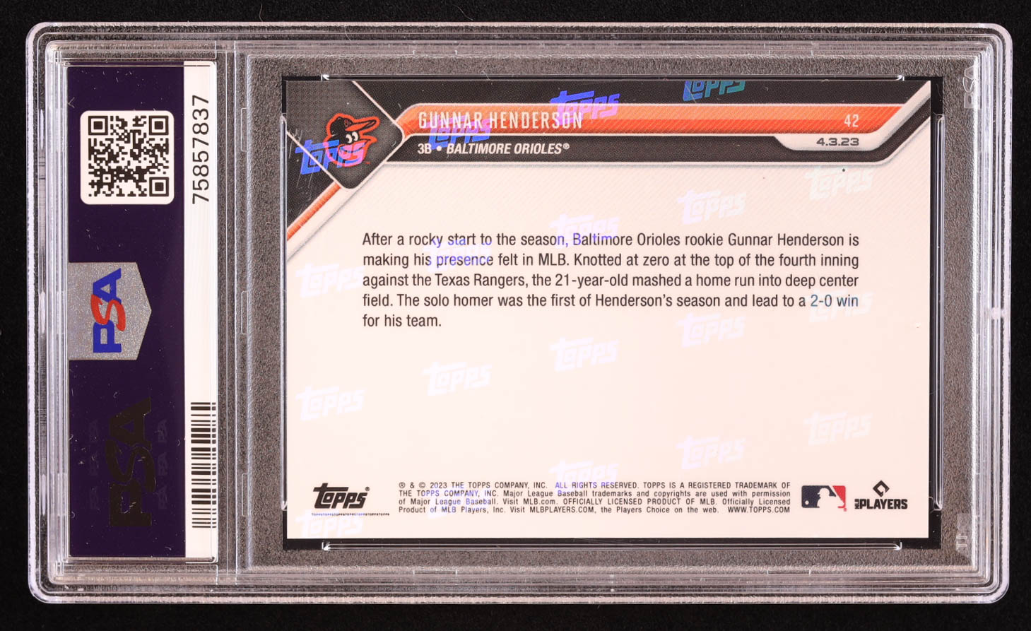 Gunnar Henderson 2023 Topps Now #42 RC (PSA 10) at PristineAuction.com Gunnar Henderson 2023 Topps Now #42 RC (PSA 10) at PristineAuction.com