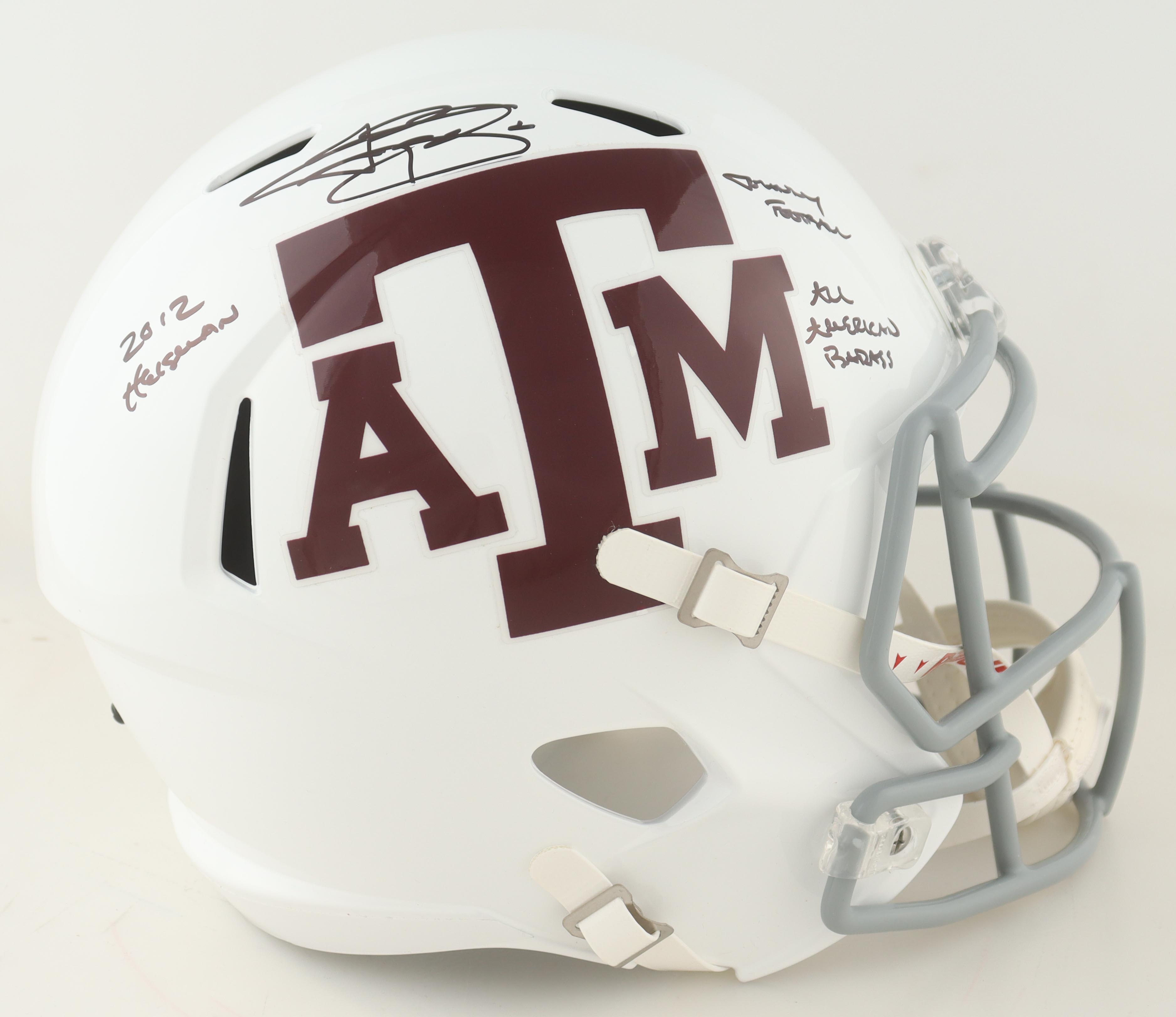 Johnny Manziel Signed Texas A&M Aggies Full-Size Flash Alternate Speed Helmet Inscribed "'12 Heisman", "All American Bada**" & "Johnny Football" (JSA) at PristineAuction.com Johnny Manziel Signed Texas A&M Aggies Full-Size Flash Alternate Speed Helmet Inscribed "'12 Heisman", "All American Bada**" & "Johnny Football" (JSA) at PristineAuction.com