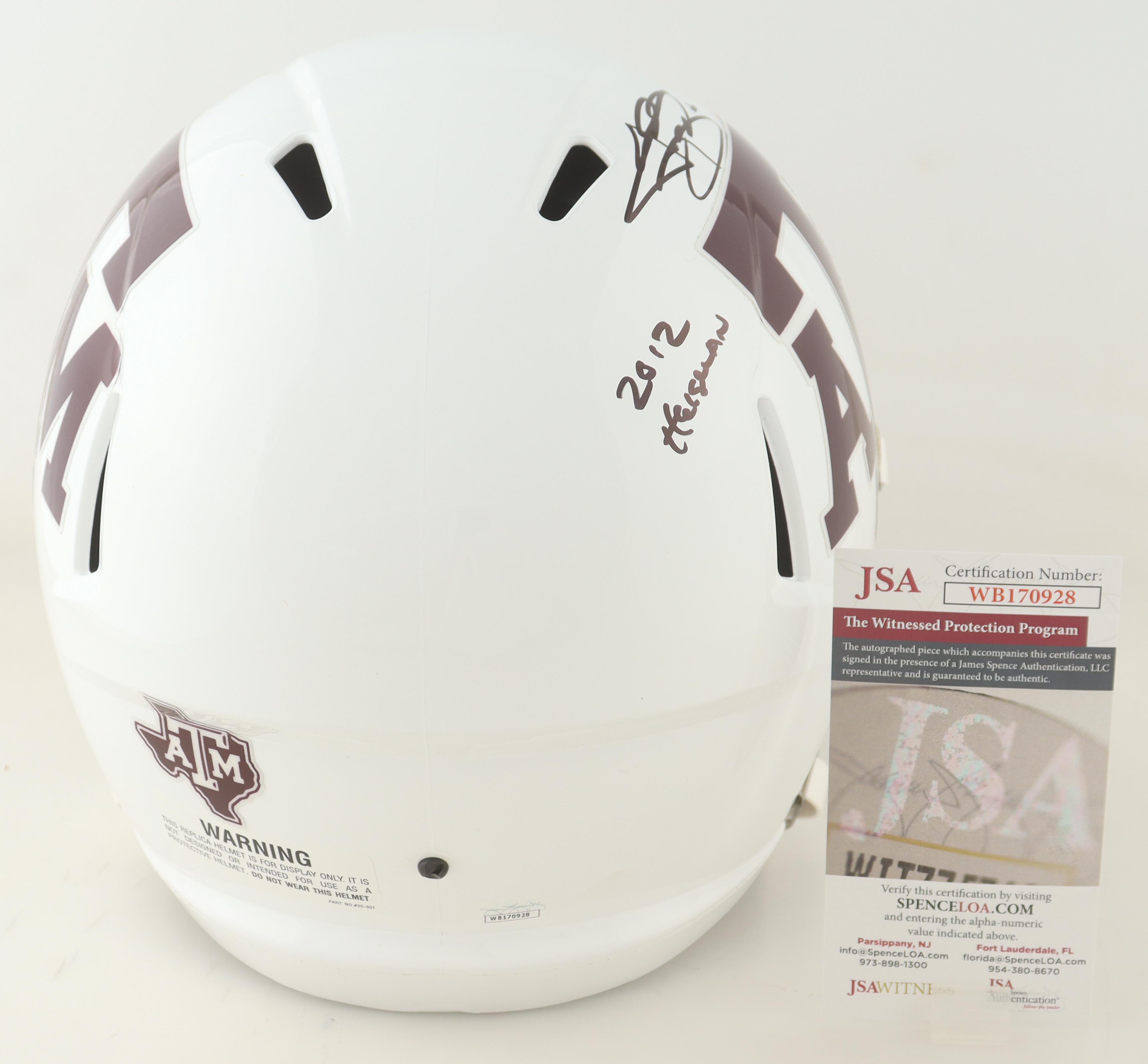 Johnny Manziel Signed Texas A&M Aggies Full-Size Flash Alternate Speed Helmet Inscribed "'12 Heisman", "All American Bada**" & "Johnny Football" (JSA) at PristineAuction.com Johnny Manziel Signed Texas A&M Aggies Full-Size Flash Alternate Speed Helmet Inscribed "'12 Heisman", "All American Bada**" & "Johnny Football" (JSA) at PristineAuction.com
