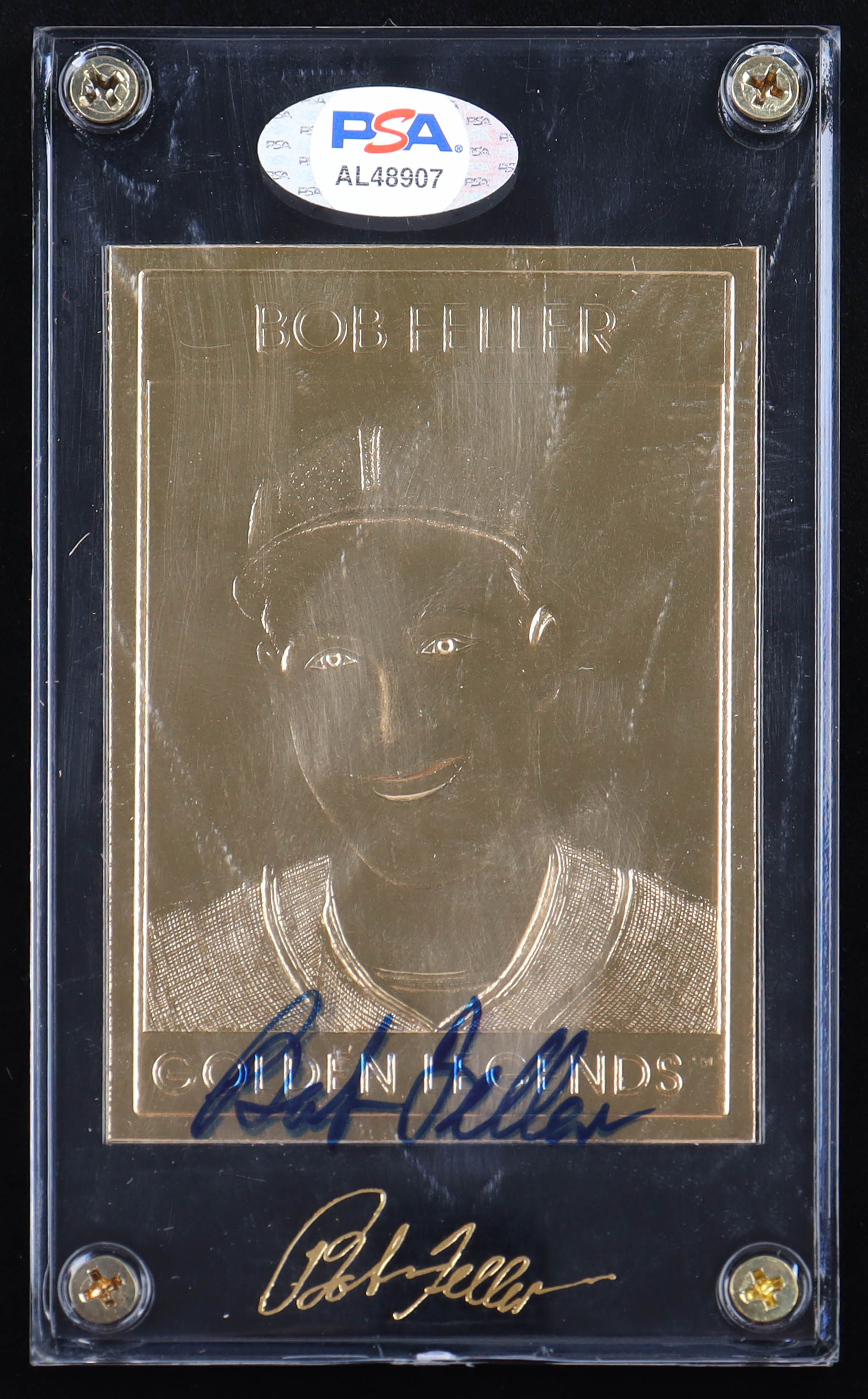 Bob Feller Signed 1996 Golden Legends 23Kt Gold #GL7 (PSA) at PristineAuction.com Bob Feller Signed 1996 Golden Legends 23Kt Gold #GL7 (PSA) at PristineAuction.com