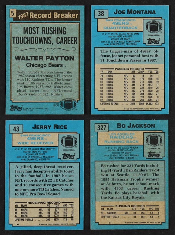 1988 Topps Football Complete Set of (396) Cards with Bo Jackson #327 SR RC, Walter Payton #5, Joe Montana #38, Jerry Rice #43 at PristineAuction.com 1988 Topps Football Complete Set of (396) Cards with Bo Jackson #327 SR RC, Walter Payton #5, Joe Montana #38, Jerry Rice #43 at PristineAuction.com