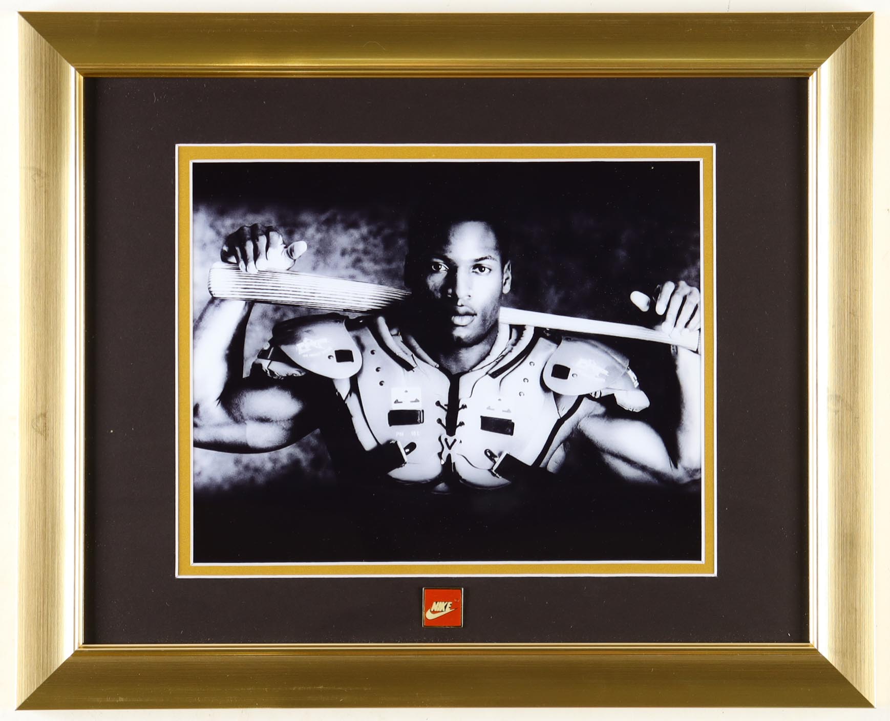 Bo Jackson Custom Framed Photo Display with Nike Vintage Pin at PristineAuction.com Bo Jackson Custom Framed Photo Display with Nike Vintage Pin at PristineAuction.com