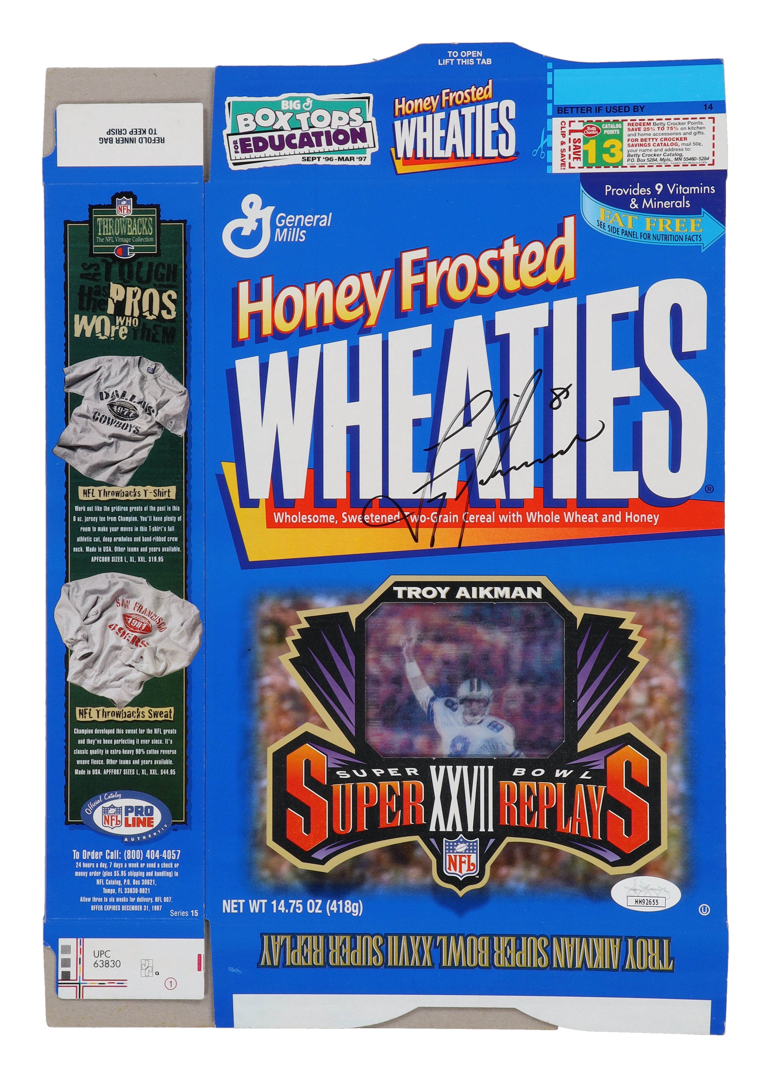 Troy Aikman Signed Super Bowl XXVII Super Replays Honey Frosted Wheaties Box (JSA) at PristineAuction.com Troy Aikman Signed Super Bowl XXVII Super Replays Honey Frosted Wheaties Box (JSA) at PristineAuction.com