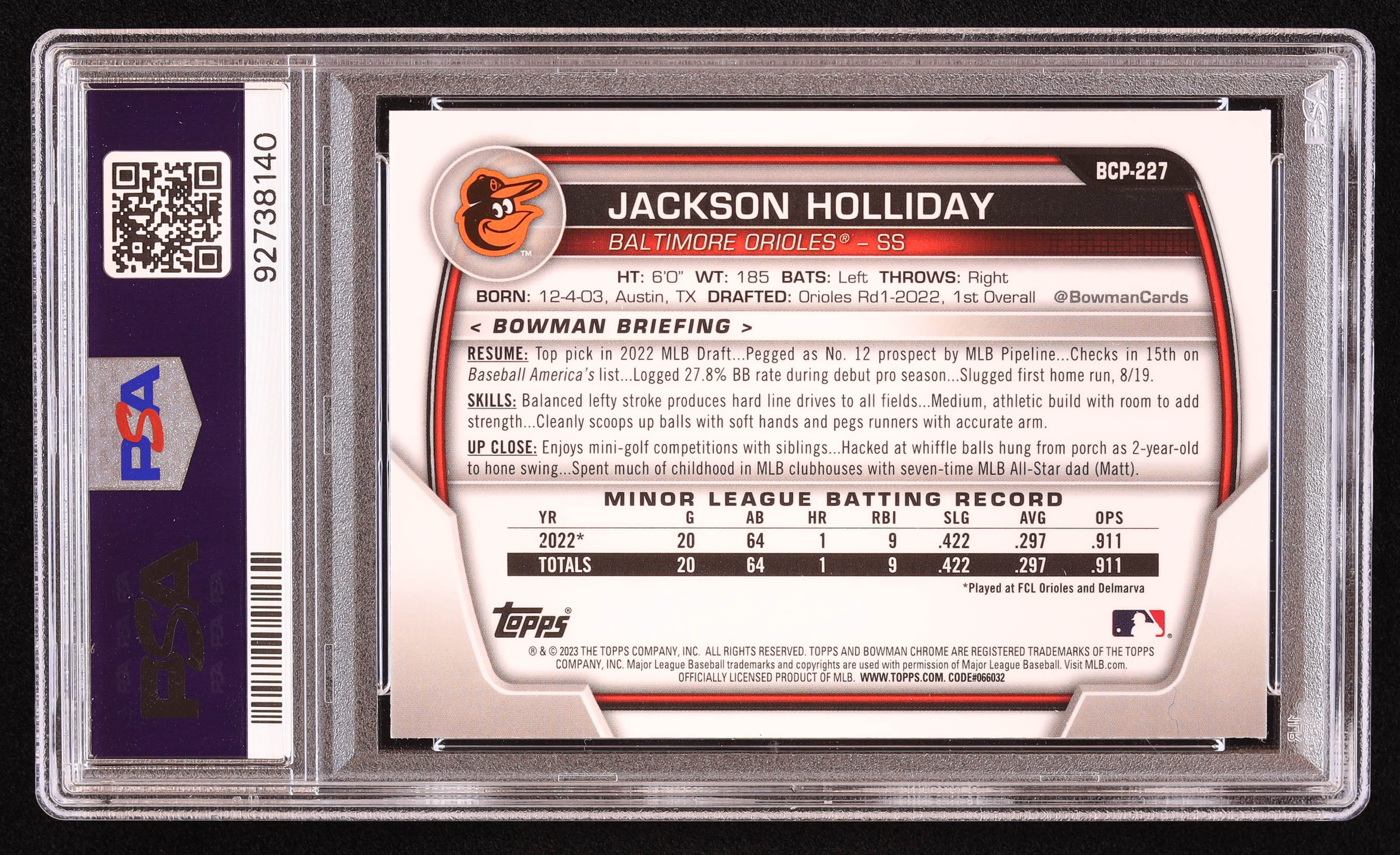 Jackson Holliday 2023 Bowman Chrome Mega Box Prospects #BCP227 RC (PSA 10) at PristineAuction.com Jackson Holliday 2023 Bowman Chrome Mega Box Prospects #BCP227 RC (PSA 10) at PristineAuction.com